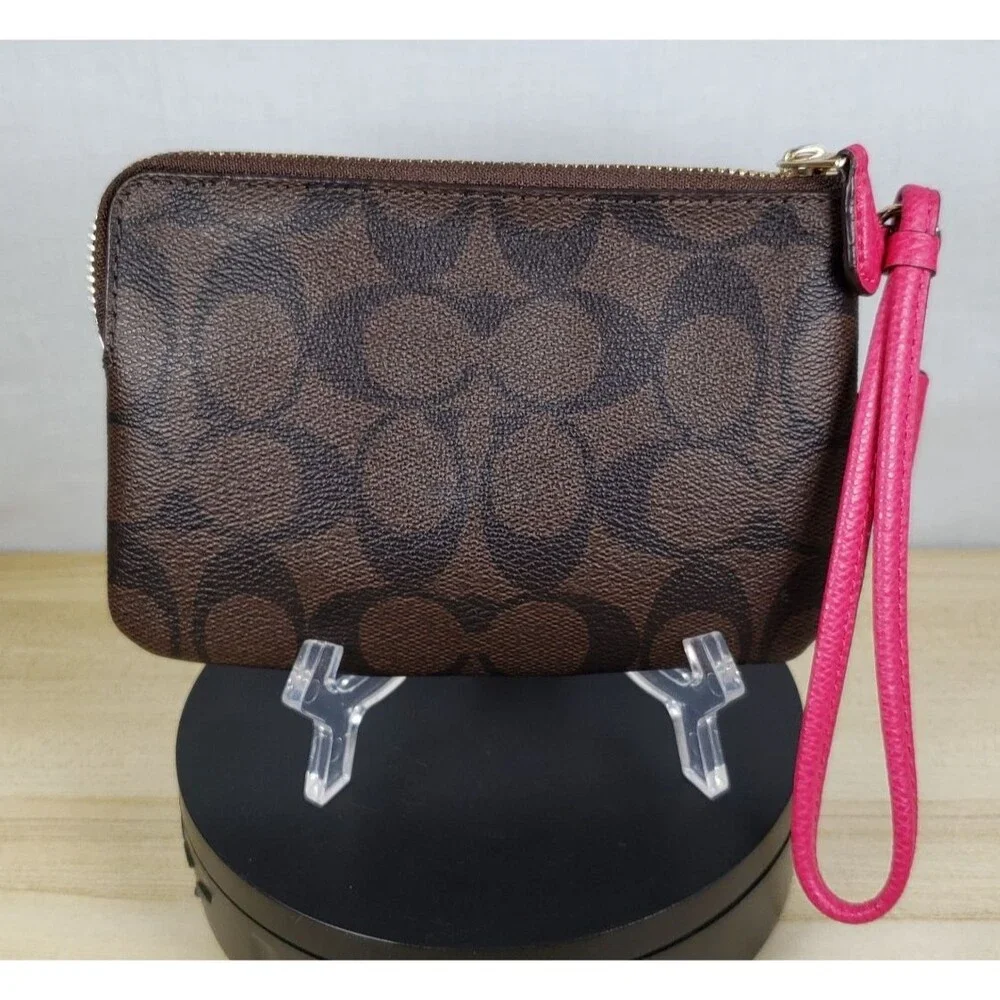 COACH Corner Zip Wristlet In Dark Brown Signature Leather w/ Hot Pink Stripe